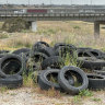 Old tyres dumped beneath the EJ Whitten Bridge in Sunshine North. 