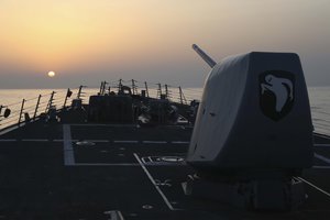 FILE - In this file photo provided by the U.S. Navy, the Arleigh Burke-class guided-missile destroyer USS Milius (DDG 69) conducts a routine Taiwan Strait transit on April 16, 2023.