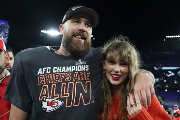 Taylor Swift and Travis Kelce after the Chiefs win at the AFC Championship Game.