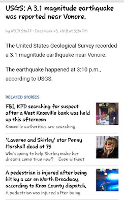 story about an earthquake in Vonore, TN, has these "related stories" linked: west Knoxville bank robbery, Penny Marshall's death, and a hit-and-run in Knoxville