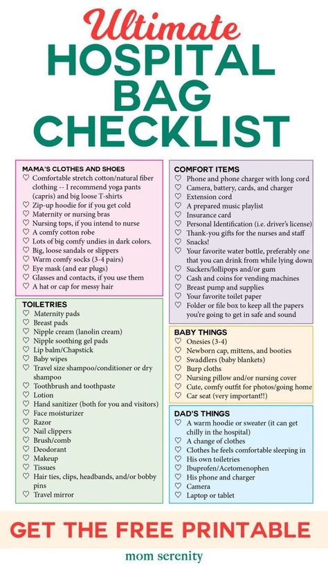 Hospital Bag Checklist with everything you need for mom, dad, and baby! #mom #newmom #hospitalbag #childbirth #hospital #printable #maternity #birth #parenting Mom Checklist, Hospital Checklist, Hospital List, Nursery Checklist, Newborn Checklist, Hospital Prep, Delivery Hospital Bag, Baby Life Hacks, Baby Planning