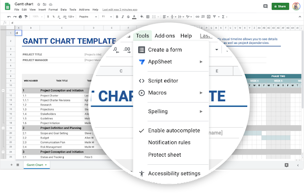 Tools dropdown with Appsheet within Google Sheets to build custom workflows 