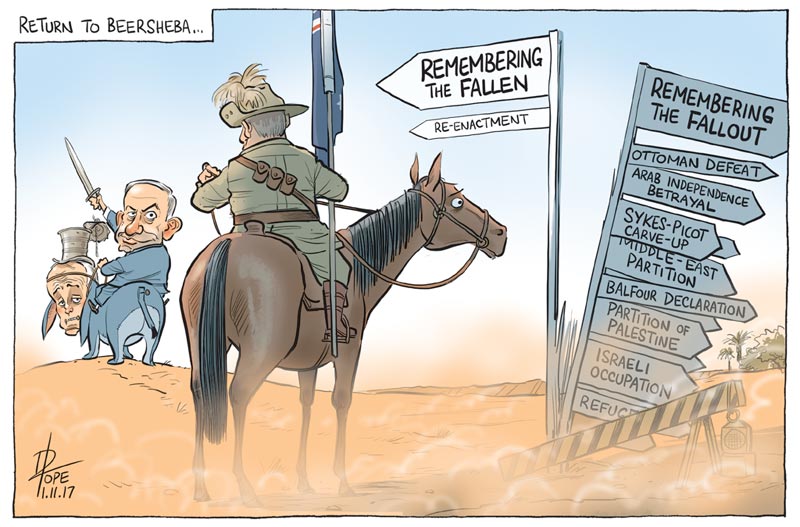 Cartoon: renactment of the lighthorse charge on Beersheba