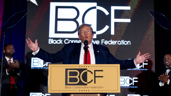 former president Donald Trump speaks at the Black Conservative Federation’s annual gala. 