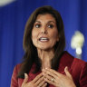 Republican presidential candidate former UN ambassador Nikki Haley speaking at an election night event in Charleston.