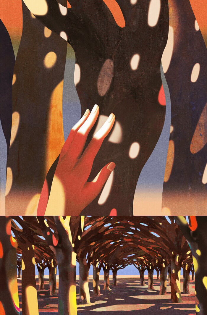 An illustration of a hand rests gently on the truck of a tree surrounded by other trees of the same species.