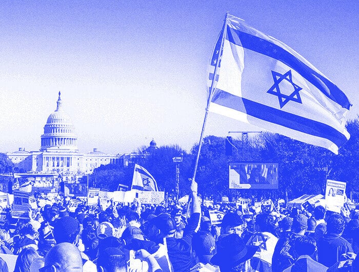 At a large pro-Israel protest on Capitol Hill, an Israel flag flies above the crowd. In the distance, the Capitol building.