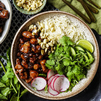 Sticky pork sausage rice bowls.