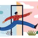 An illustration of a person leaping through a doorway. On the left side of the door it is winter, and on the right side it it spring. 