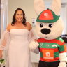 Kaylene Cormack, Michael Bekavac with Reggie the Rabbit Charlie Gallico 