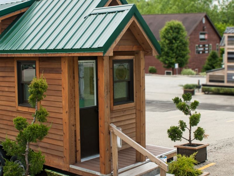 A small wood cabin shot from the front door.