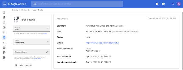 Además de buscar alertas de interrupción de aplicaciones en Google Workspace Status Dashboard, ahora podrá hacerlo en el Centro de alertas.