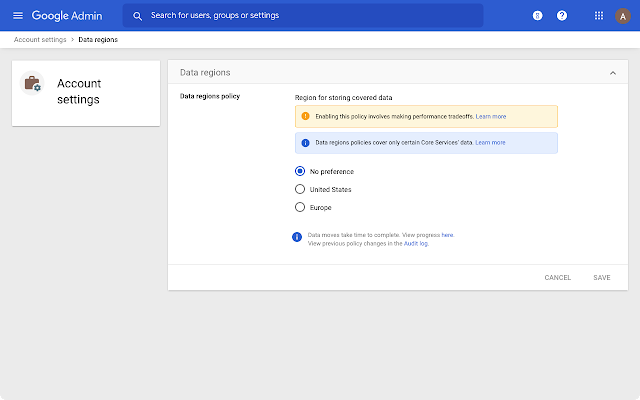 Configuración disponible para las regiones de datos Fundamental