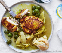 Baked chicken cutlets with olives and fennel seed.