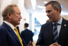 Andrew Forrest, executive chairman of Fortescue, speaks with Treasurer Jim Chalmers during the CEO Lunch at ASEAN.