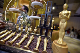 Oscar statuettes displayed on Tuesday during the Governors Ball  in Los Angeles for the 96th Academy Awards.