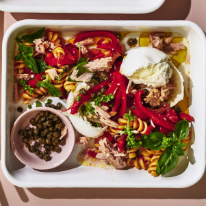 Julia Busuttil Nishimura’s work lunch recipes clockwise from top right: Lamb kofta with freekeh salad and harissa yoghurt; peperonata, tuna and crispy caper pasta fredda (pasta salad); leftover roast chicken soba salad with sesame dressing and furikake.