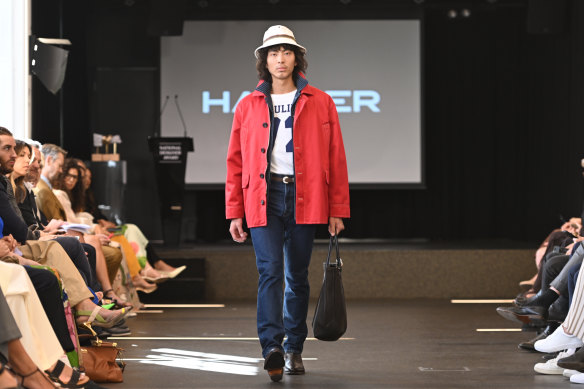 A model carries a leather version of Haulier’s signature tote at the National Designer Award presentation.