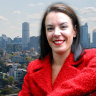 Melissa Caddick and the view from the balcony of the Edgecliff penthouse she bought for her parents.