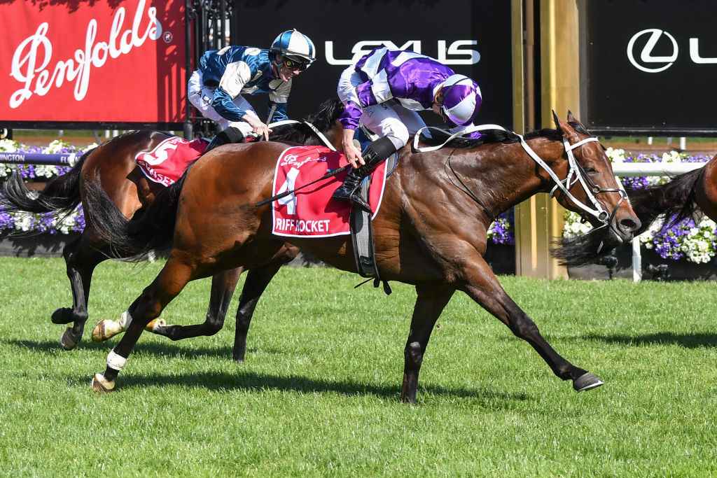 James McDonald rides Riff Rocket to victory in the Victoria Derby 2023 at Flemington