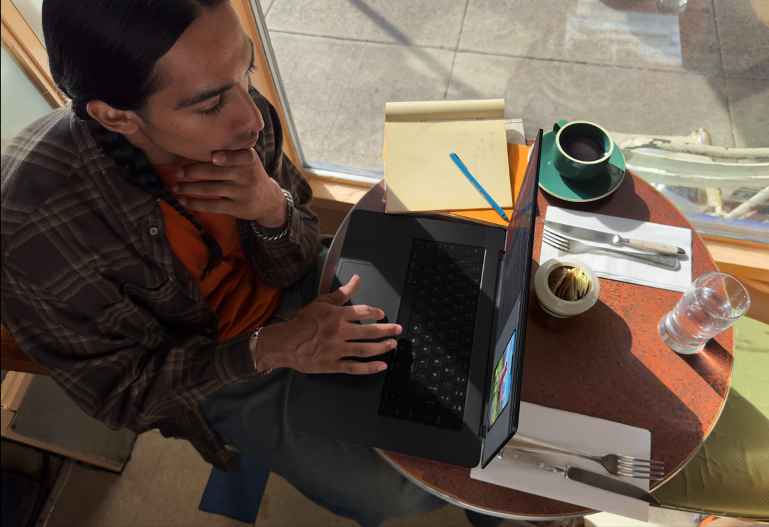 A photo of a person on a photoshoot editing their photos on their MacBook Pro.