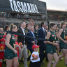 AFL CEO Gillon McLachlan, Tasmanian Premier Jeremy Rockliff, Deputy Prime Minister Richard Marles and former Richmond star Jack Riewoldt at the announcement of the AFL’s 19th team in Tasmania.