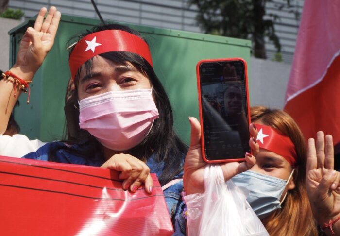 Burmese protesters live streamed the protest on February 1st 2023 in front of the Myanmar embassy in Bangkok. / Nicha Wachpanich / Visual Rebellion