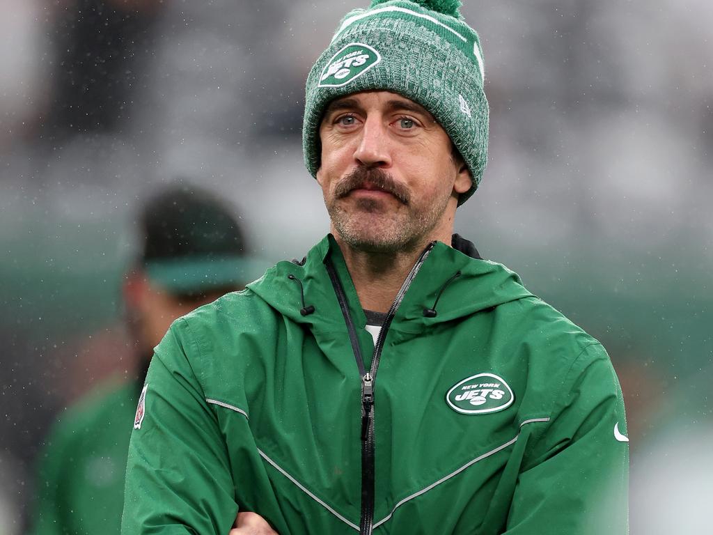 EAST RUTHERFORD, NEW JERSEY - DECEMBER 03: Aaron Rodgers #8 of the New York Jets looks on during warm ups prior to the game against the Atlanta Falcons at MetLife Stadium on December 03, 2023 in East Rutherford, New Jersey. (Photo by Al Bello/Getty Images)