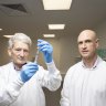 The chief medical officer and chief executive of Doherty Clinical Trials, Professor James McCarthy and Dr Andrew Brockway at the unit’s temporary East Melbourne facility.