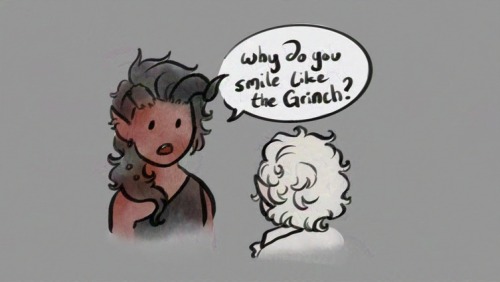 A drawing of Karlach speaking to Astarion, saying "Why do you smile like the Grinch?"