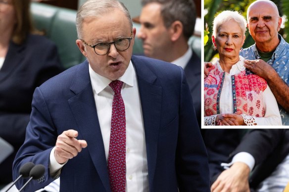 Ali Elliin and his wife Sohila Elliin at their home in Balmain, inset, and Prime Minister Anthony Albanese during question time on Wednesday. 