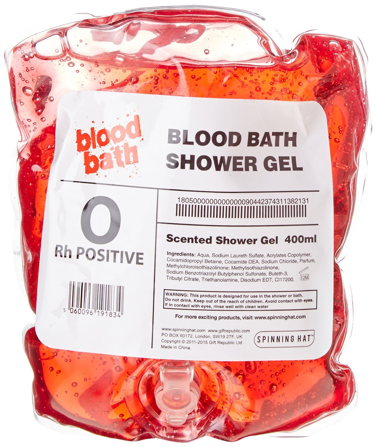 overdramatics:
“[ID: a container of shower gel that is shaped like a bag of blood. the top reads “Blood bath shower gel,” its labeled as being 0 Rh positive. the gel inside is red. end ID]
”