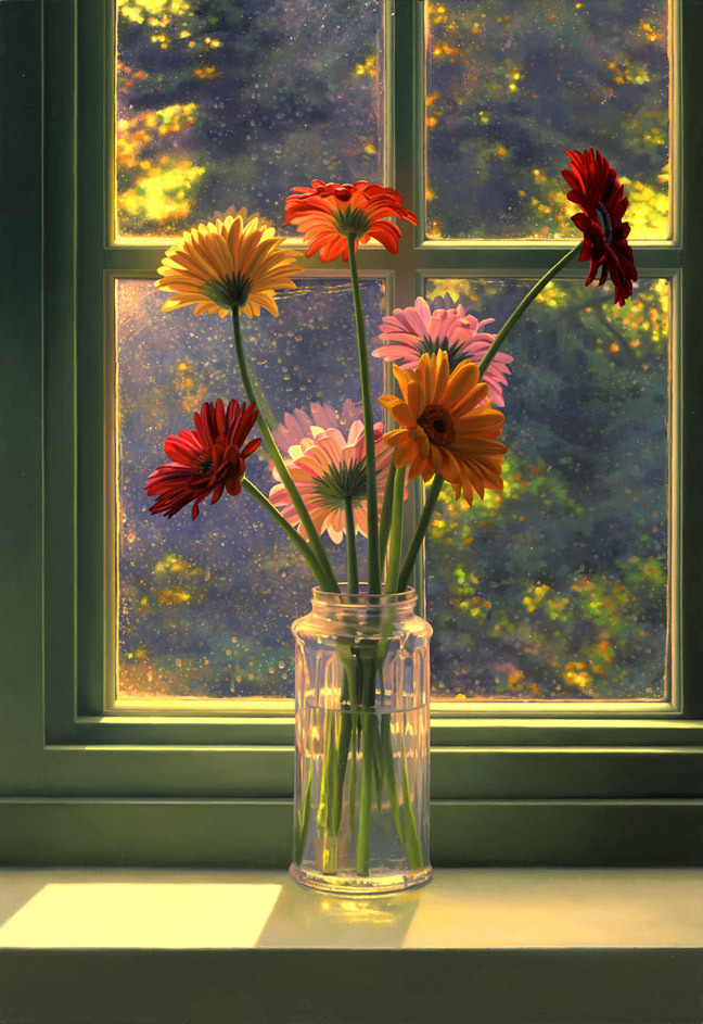 butchsunbeam:
“urgetocreate:
“Scott Prior (American b.1949), Flowers in Sunlight, 2007, Oil on panel
”
[image description: a realistic oil painting of flowers in a simple glass vase sitting on a green window sill. the flowers are aster-like, yellow...