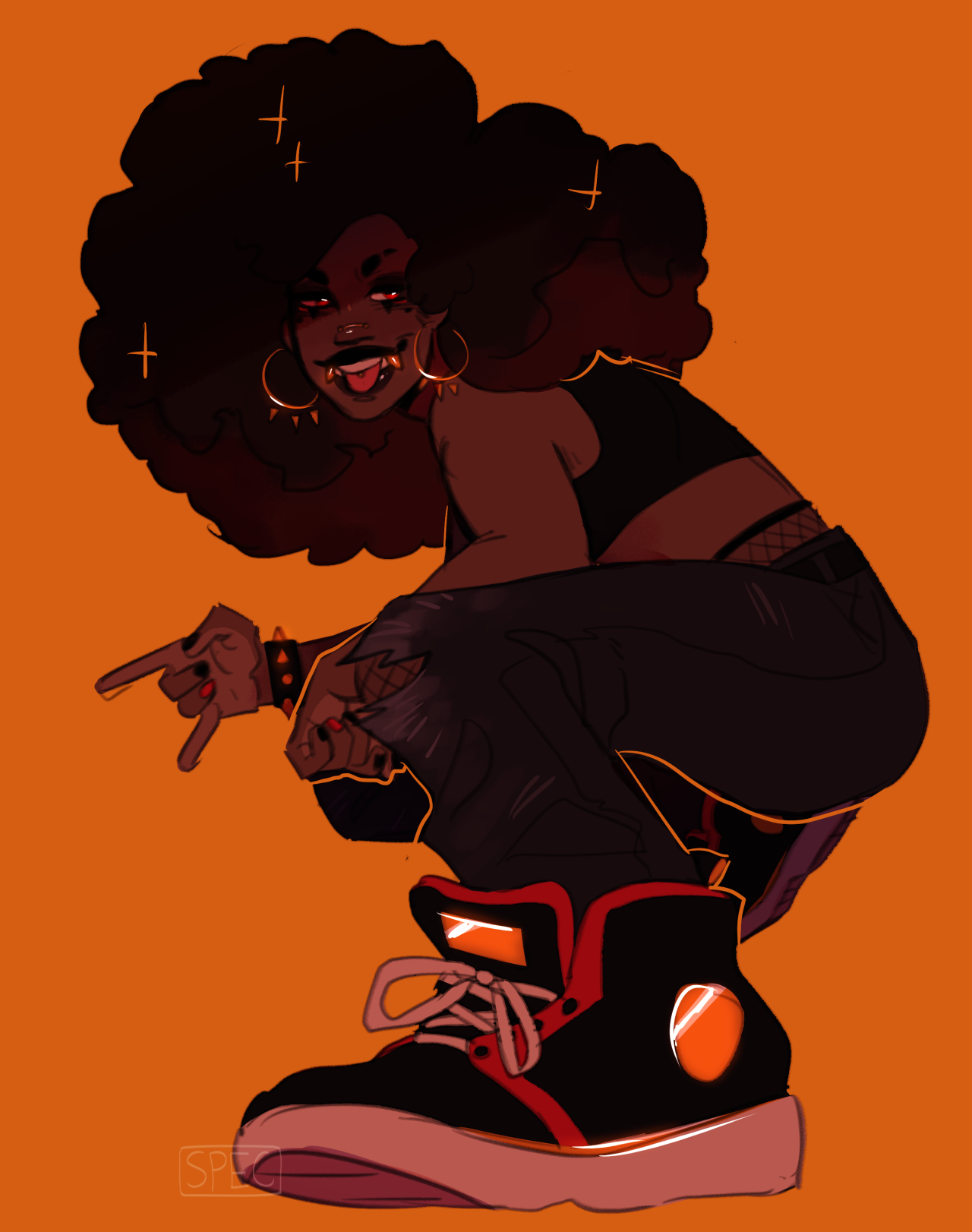 nonbinaryezrabridger:
“officialspec:
“cool vampire lady i drew a while ago
”
[image description: art of a vampire who is crouching with one foot close to the camera. She is wearing sneakers, a crop top, and ripped black jeans. She has a large Afro...