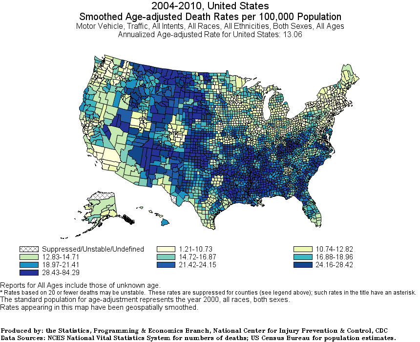 White Age-Adjusted traffic death rates county 2004-2010