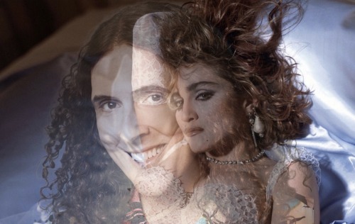 a screenshot from the music video for Madonna's "Like a Virgin" with Weird Al Yankovic's face superimposed on top at half opacity