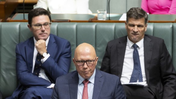 Nationals leader David Littleproud, Opposition Leader Peter Dutton and Shadow Treasurer Angus Taylor during Question Time at Parliament House in Canberra on Wednesday 14 February 2024. fedpol Photo: Alex Ellinghausen