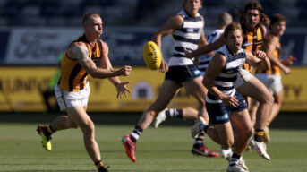 Geelong Cats and Hawthorn Hawks clash in pre-season. Photo by Getty Images.