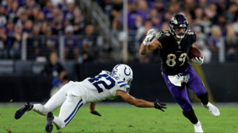 Mark Andrews of the Baltimore Ravens makes a catch during the fourth quarter in a game against the Indianapolis Colts. Photo by Getty Images.