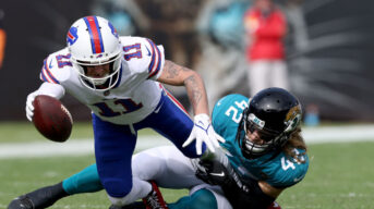 Andrew Wingard of the Jacksonville Jaguars tackles Cole Beasley of the Buffalo Bills. Photo by Getty Images.