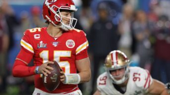 Chiefs quarterback Patrick Mahomes in action against the 49ers in Super Bowl LIV in 2020.