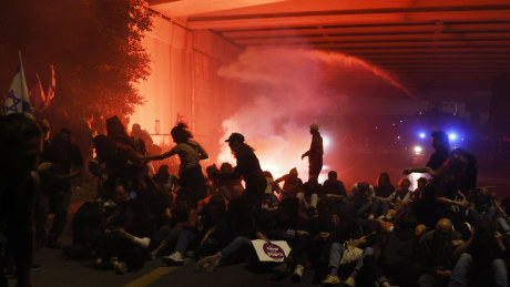 Protesters clash with police as anti-government protests are stepped in Takem, Jerusalem.