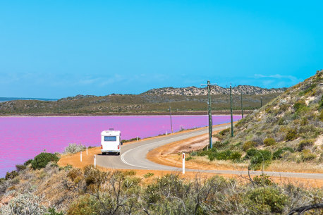 Scenic drive along the coast of bubblegum-hued lake, Hutt Lagoon.