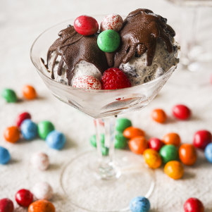 Ice-cream sundae with leftover Easter egg chocolate sauce.