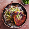 Rice bowls with sticky roasted pumpkin.