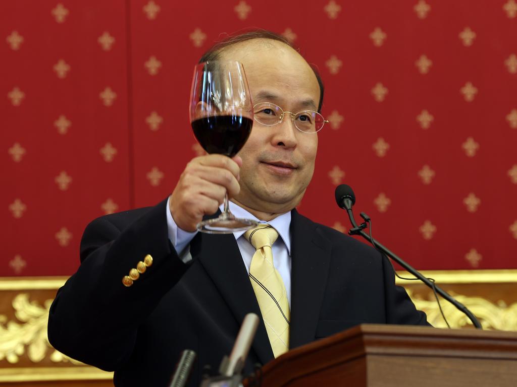 CANBERRA, AUSTRALIA - NewsWire Photos JANUARY 10, 2023: 
Press conference with Ambassador Xiao Qian with a glass of red wine making a toast, at the Chinese Embassy in Canberra.
Picture: NCA NewsWire / Gary Ramage