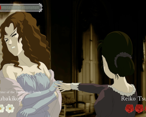 A screenshot from the Rose & Camellia Collection for Nintendo Switch. Saori, with long brown hair and a light-coloured dress, is being slapped by Seiko, whose dark hair is slicked back into a low bun.