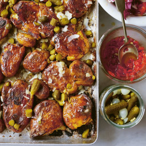 Roasting potatoes in pickle brine gives them a chip-shop-vinegar feeling.