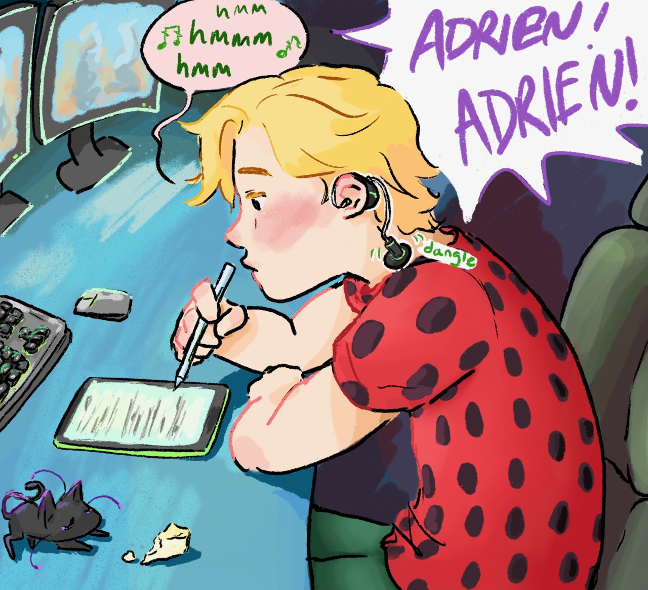 wehadabondingmoment:
“themaxmess:
“no one needs to hear all the time … give the boy a break!
”
“ID: Adrien Agreste is sitting at his desk, writing on his ipad while humming a melody. Plagg is sleeping next to him on the desk, partly eaten cheese in...