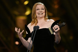 Sarah Snook with the Best Actress award on stage during The Olivier Awards 2024 at The Royal Albert Hall  in London.